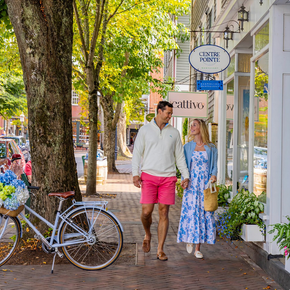 A couple taking a stroll through downtown Nantucket
