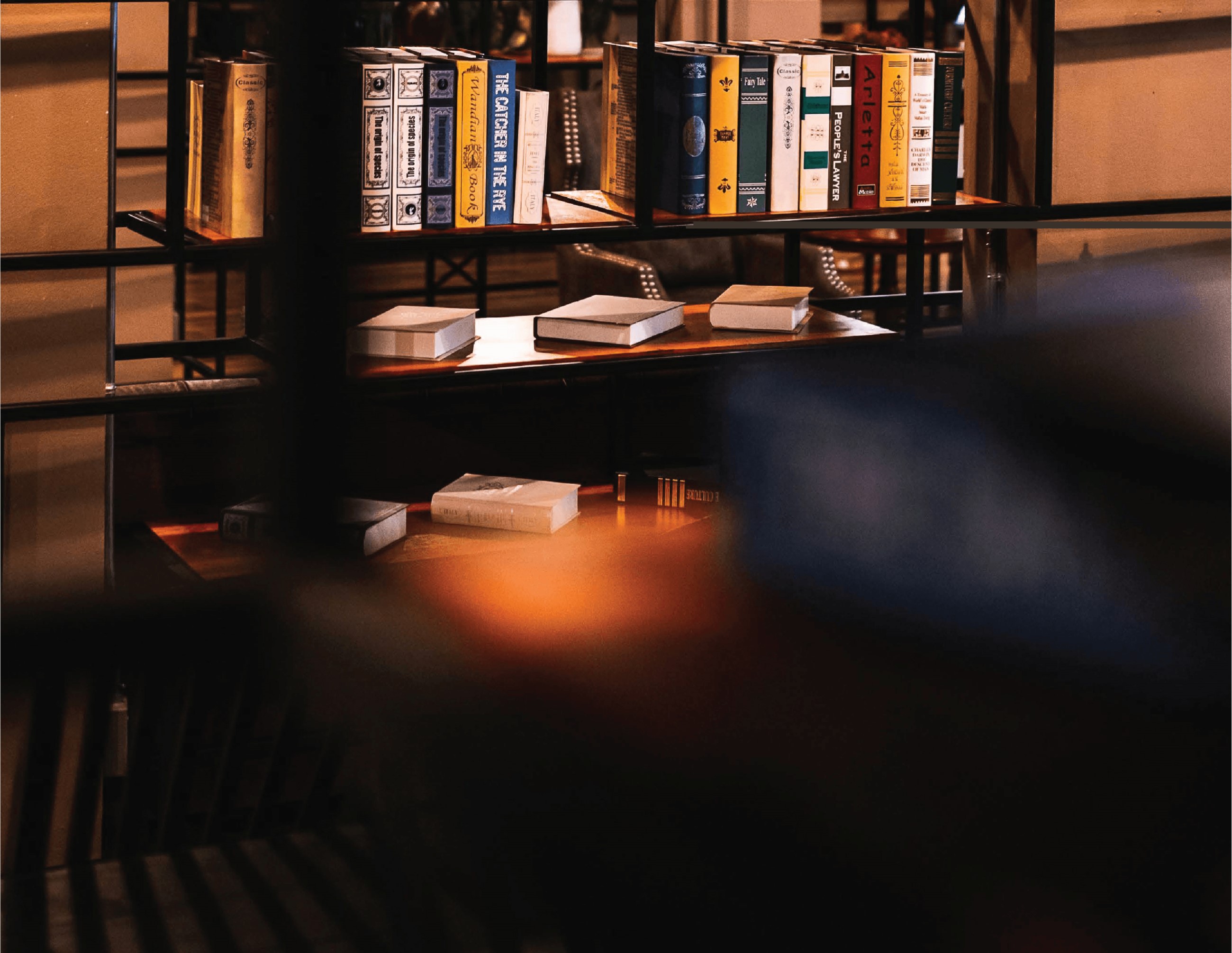 View of books on a small bookshelf through a window
